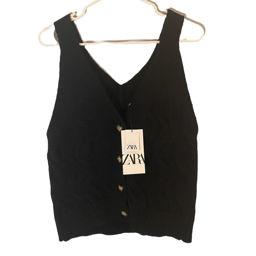 Zara Top NWT Black Cable Knit Tank Top With Buttons Womens Size M